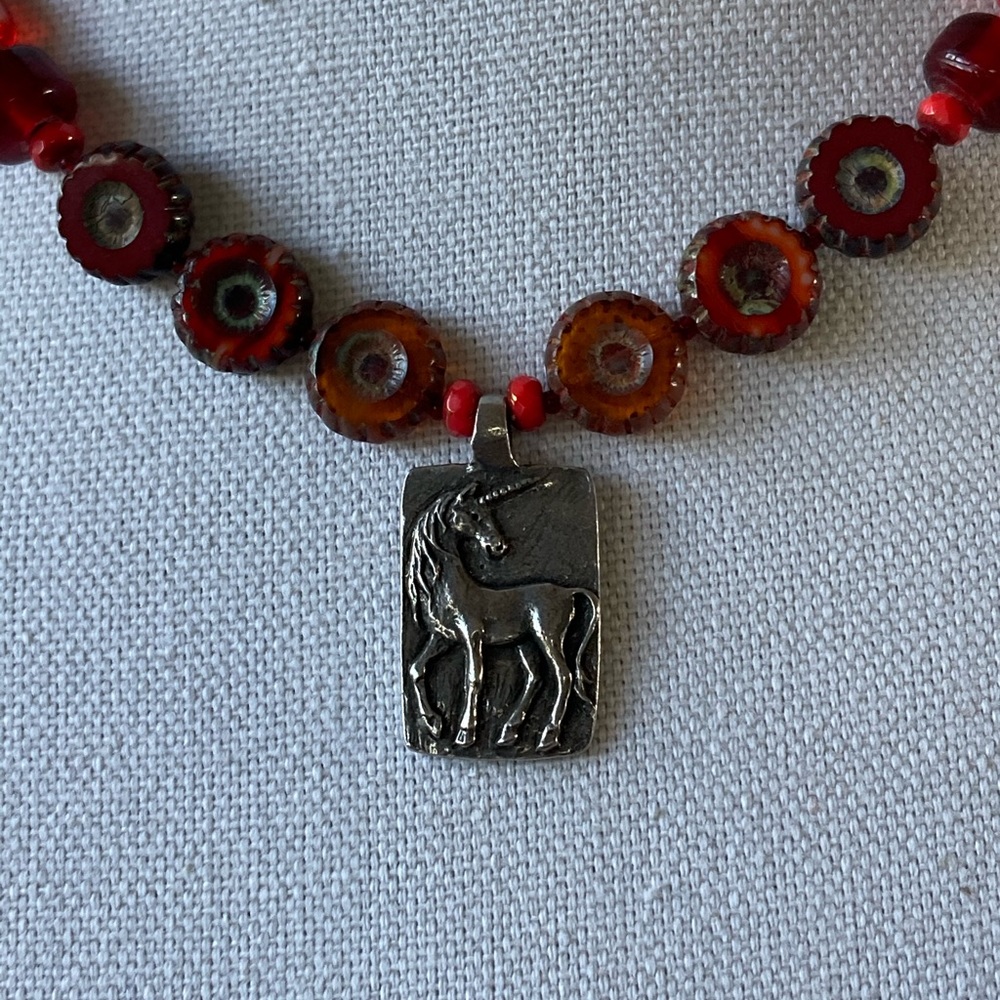 New Pewter Unicorn Pendant w Red Czech Pressed Fire Polished Glass …